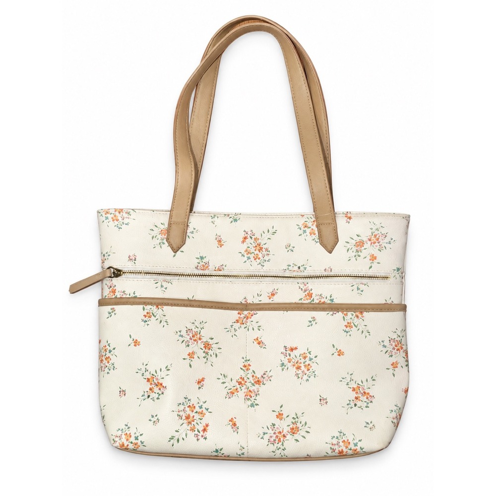 Floral Faux Leather Tote Bag Cream Orange Green Cottagecore Shoulder Bag - Picture 1 of 4